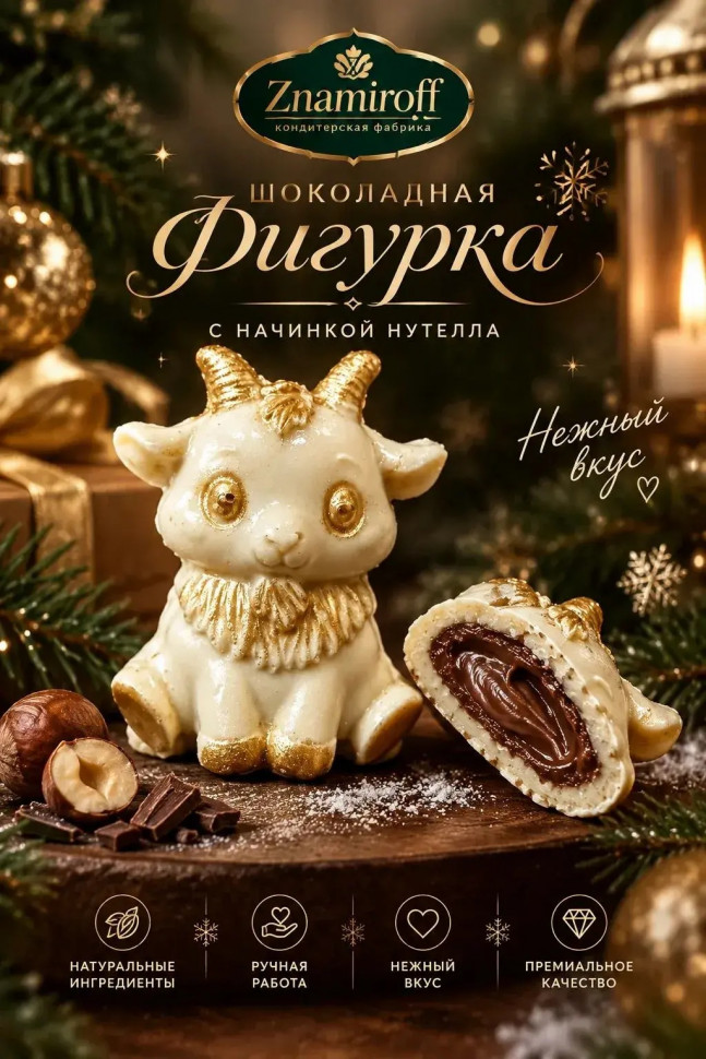  Шоколад фигурный "Мультяшный козлик" белый шоколад с начинкой нутелла(блок 5шт по 70г) в Раменском